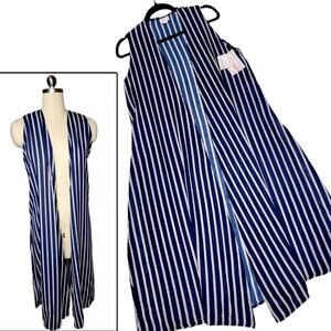 LuLaRoe Joy Vest Striped Small NEW Blue White Vertical Longline Duster Coverup